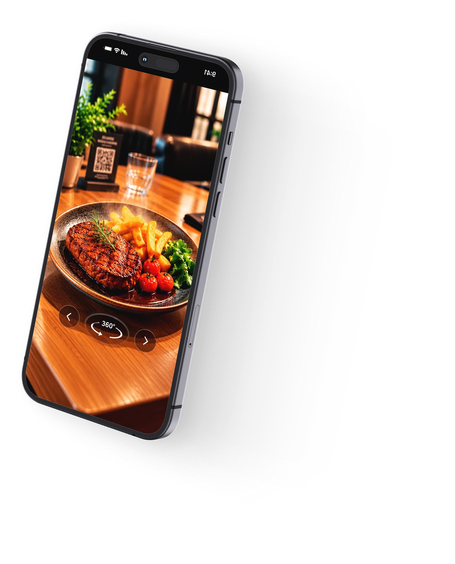 Celular mostrando um prato em realidade aumentada sobre a mesa