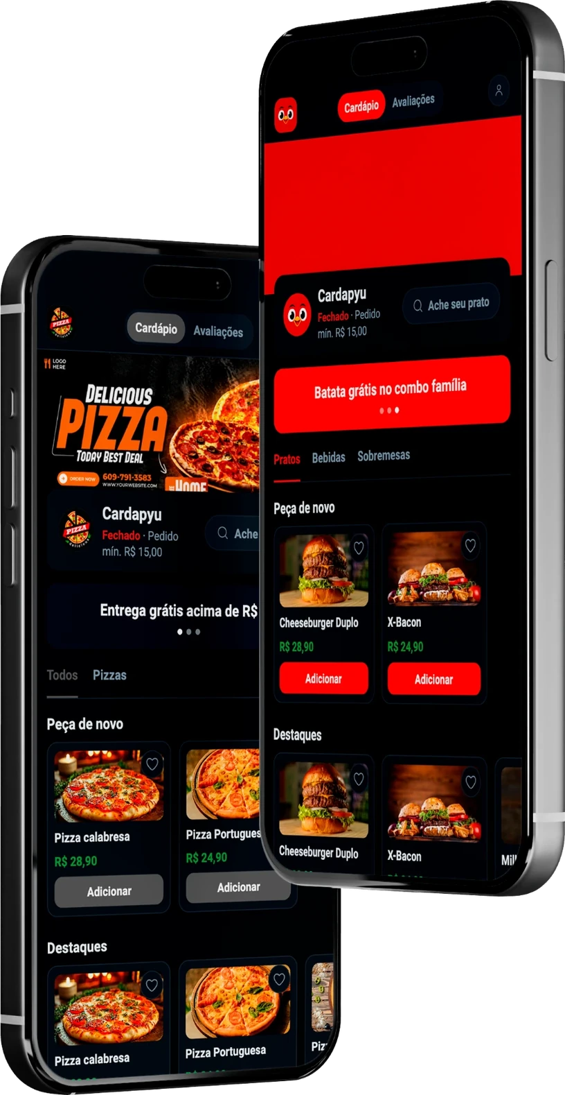 Dois celulares com o cardápio Cardapyu aberto