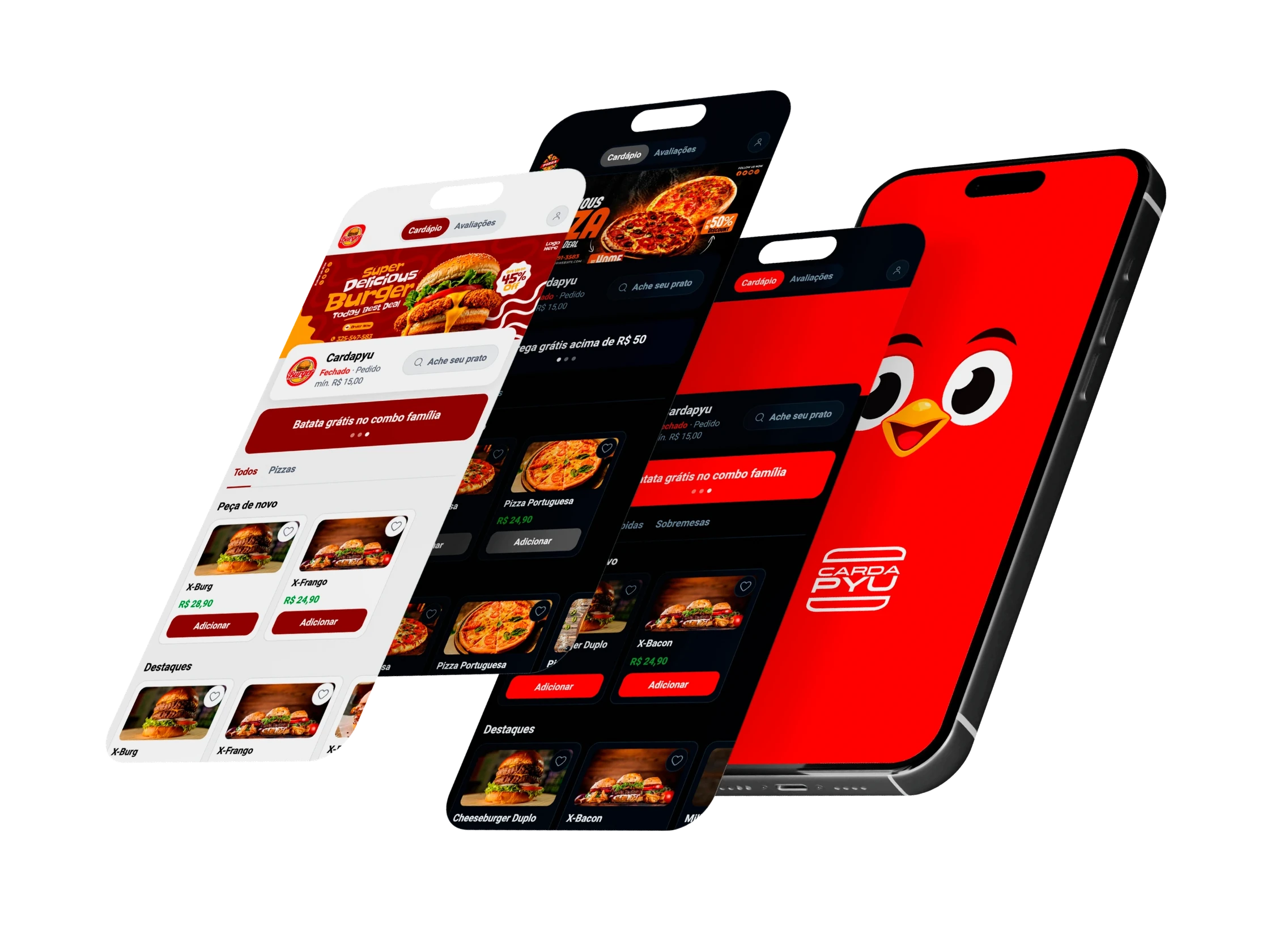 Telas do cardápio Cardapyu no celular