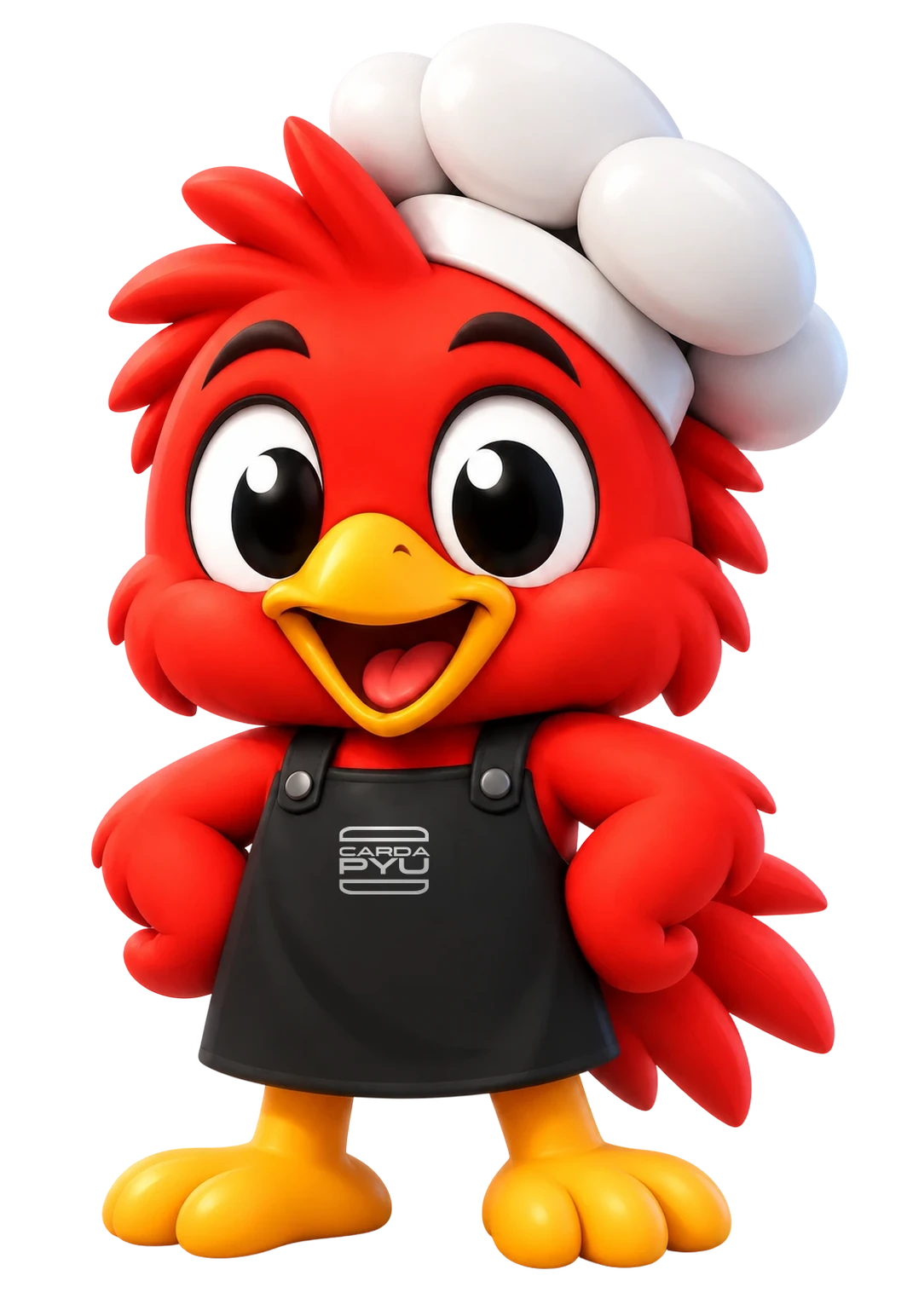 Mascote do Cardapyu, um passarinho vermelho de chapéu de chef