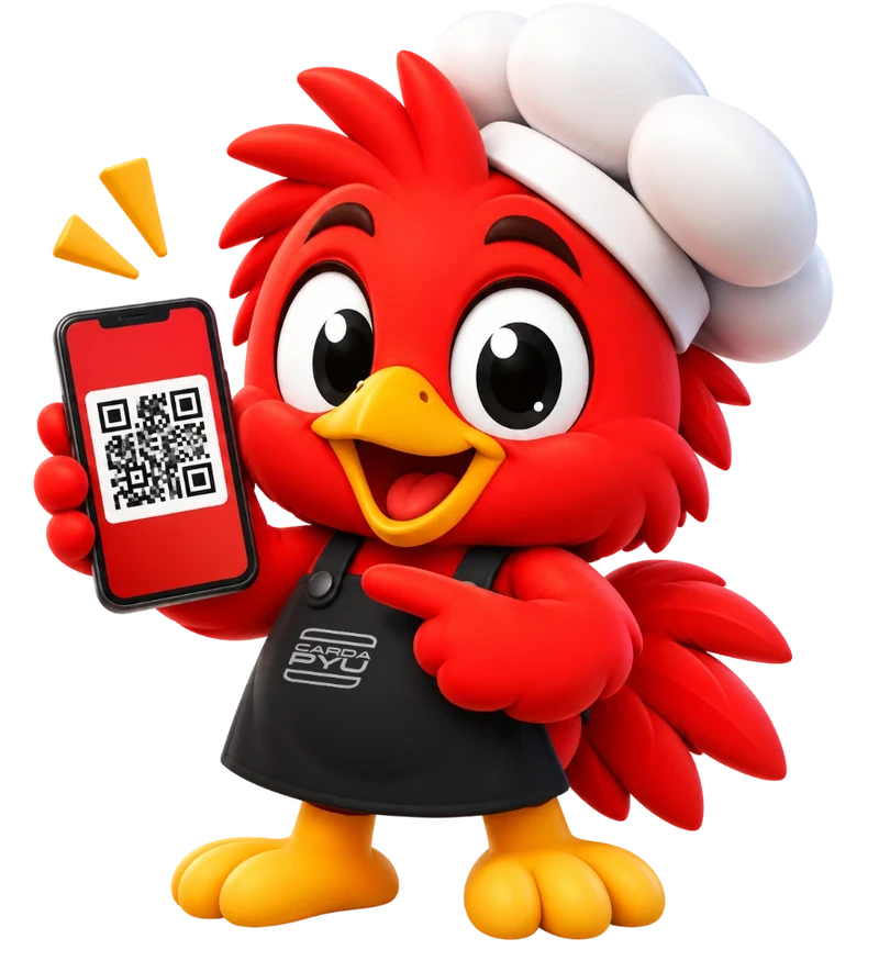 Mascote do Cardapyu mostrando o QR Code